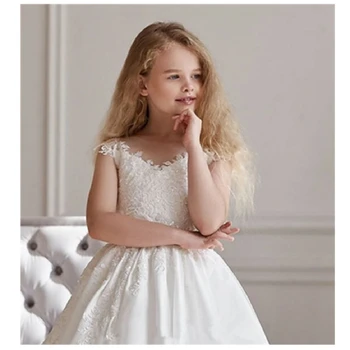Бяло Дантелено Атласное рокля с цветя модел за Момичета, без ръкави, Тюлевая апликация, Сватбената рокля на Принцеса, Честване на Първо Причастие, Абитуриентски Бал