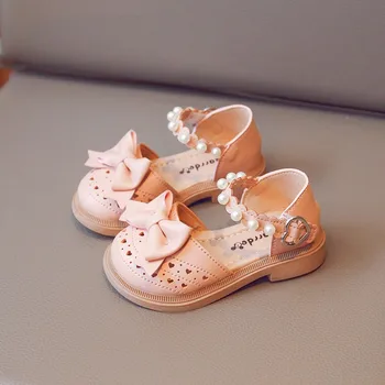 Кожени обувки за малки момичета с Бантиком-пеперуда, Расшитая мъниста и Перли, Обувки Принцеса, Детски Обувки в стил Лолита 