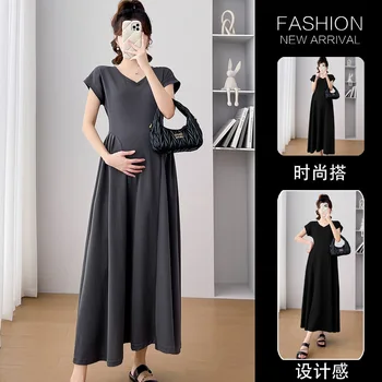 A46297# Прости дрехи за бременни с V-образно деколте, дамско памучно елегантна уютна лятна рокля в корейски стил За бременни