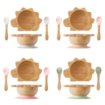 Комплект детска дървена посуда Динозавър, Бамбук Дървена чиния, купа, Силиконова Вилица с дървена дръжка, лъжица за бебешка храна, подарък