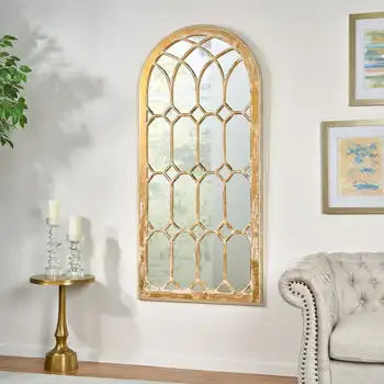 Традиционното огледало с прозорец със стъкло от изкуствен дърво, потертое бяло и мед